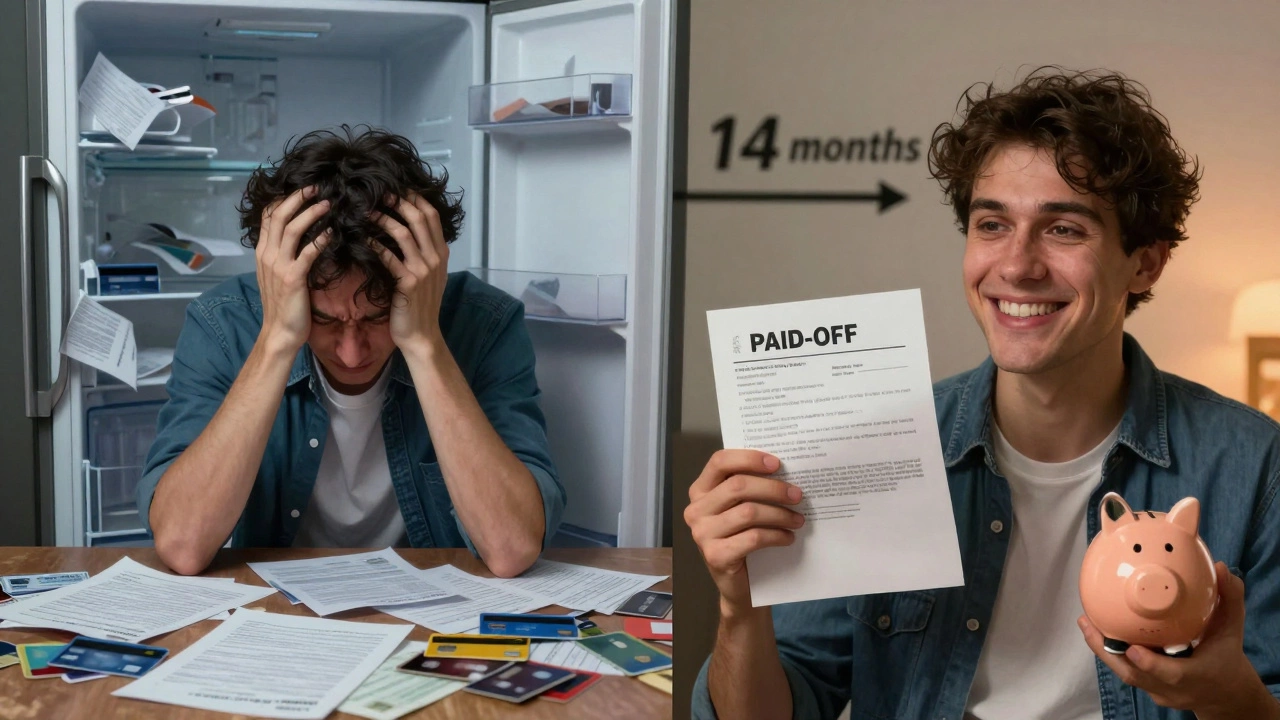 Split image showing financial stress on one side and debt freedom on the other, with a timeline of 14 months.