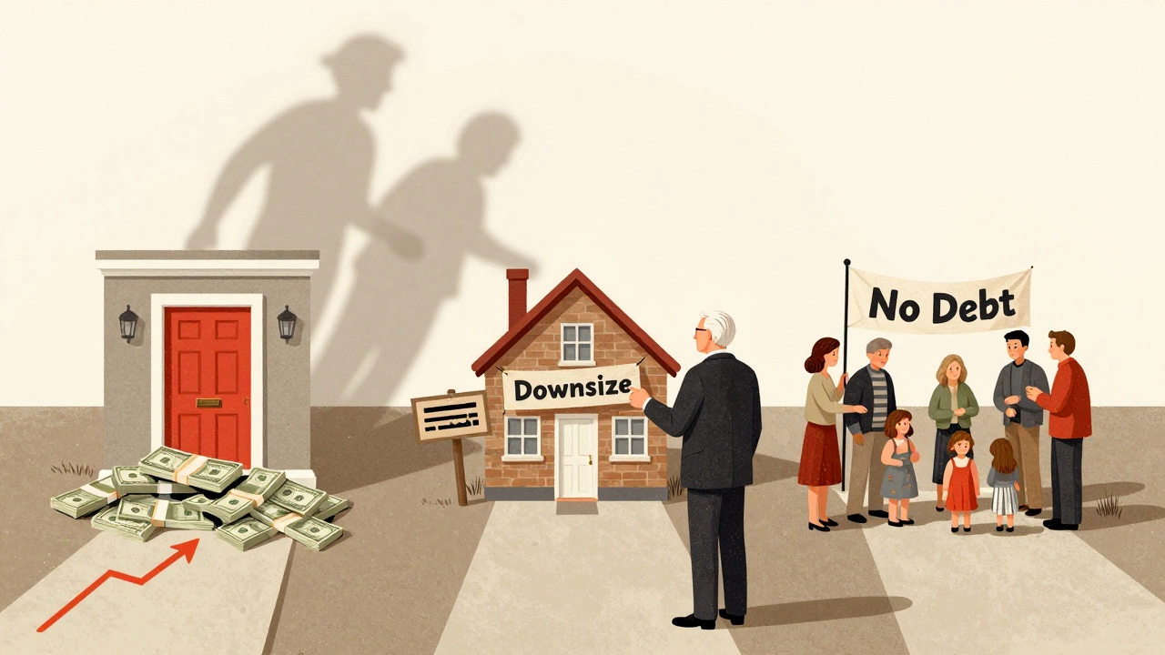 Three paths from a front door: one with rising debt, one to a smaller home, one to family — a advisor guides the choice.