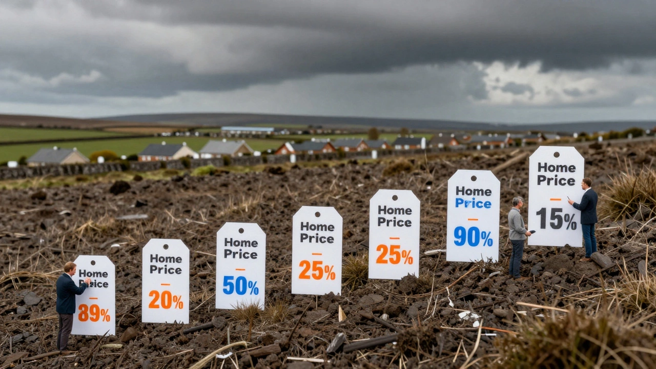 Timeline of increasing home insurance premiums across an Irish landscape with homeowner interventions.