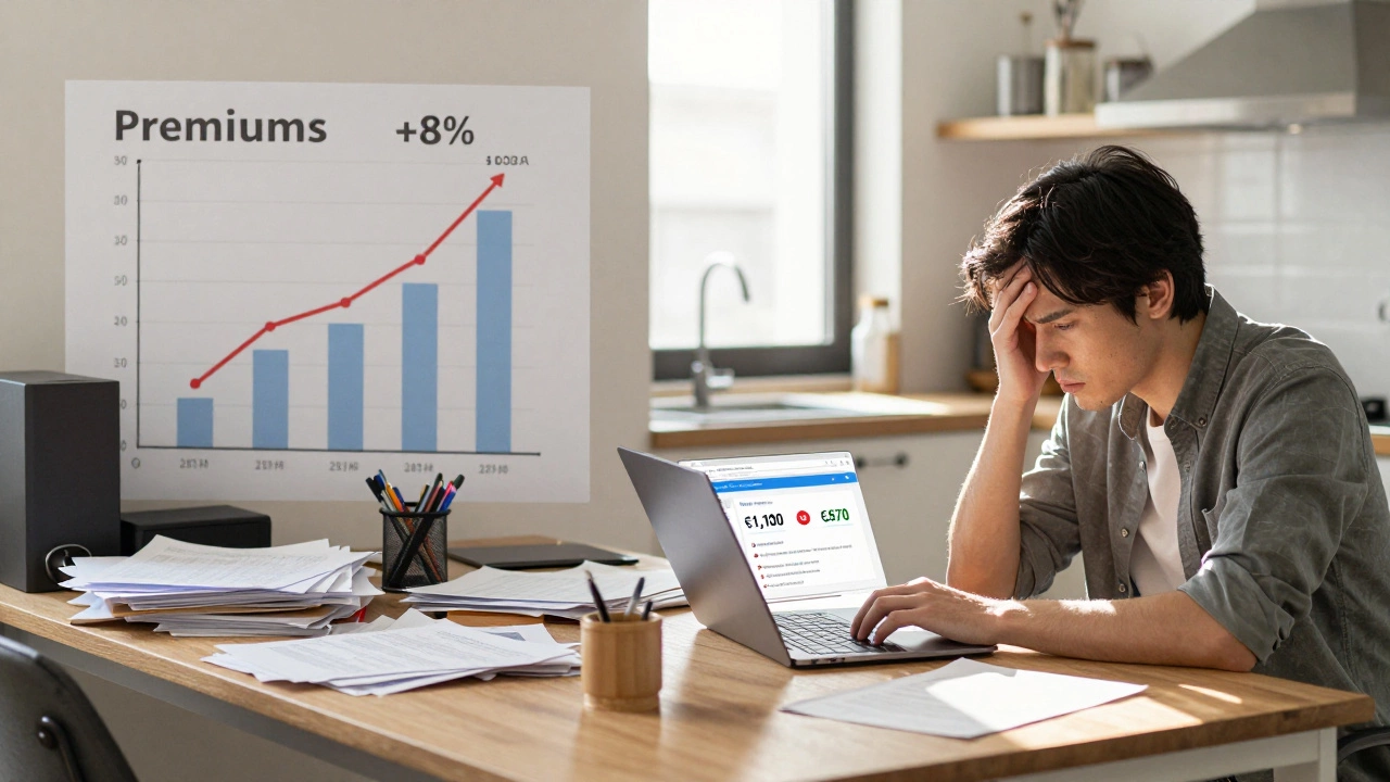 Two homeowners: one stressed by rising premiums, another calm while comparing insurance quotes online.