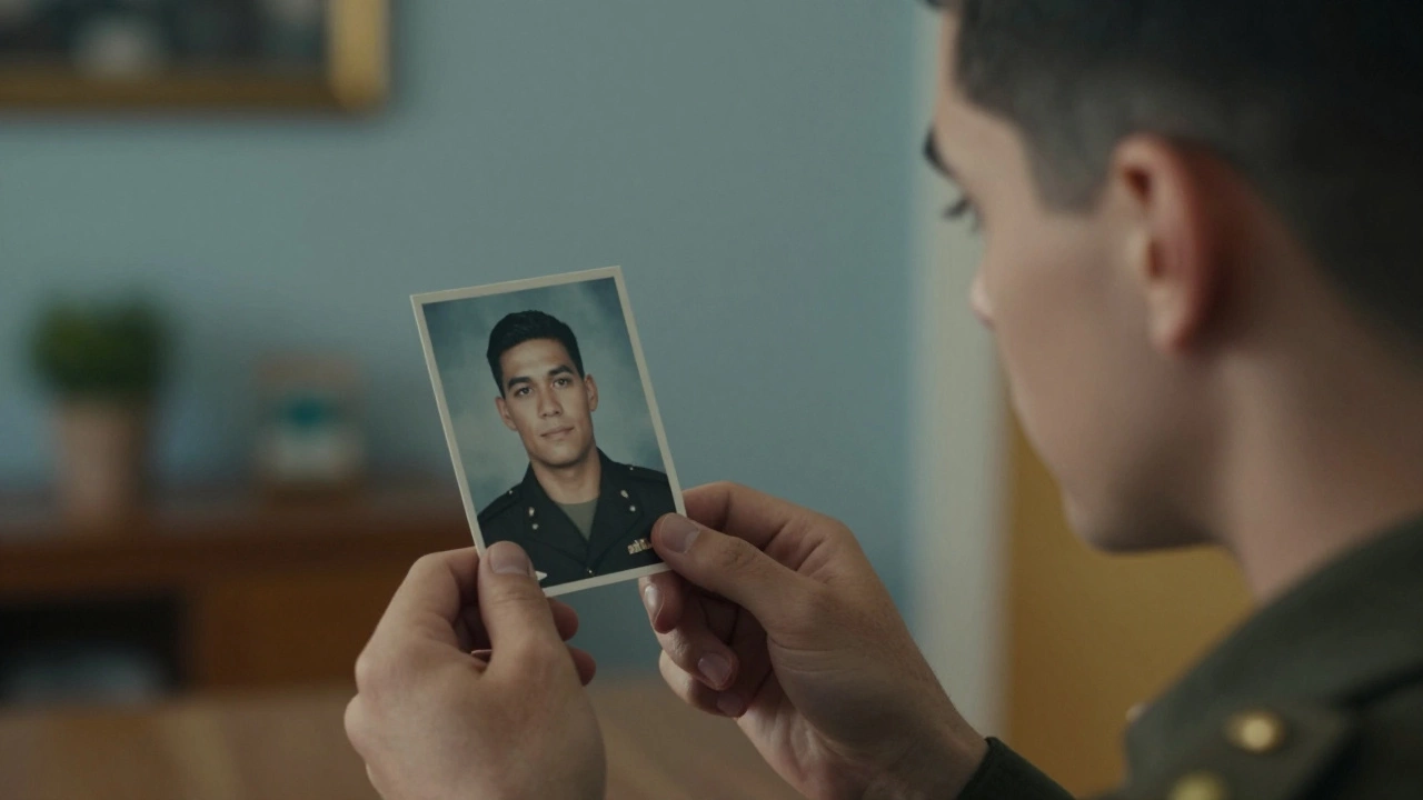 Young adult viewing a military parent's service photo in front of a home.