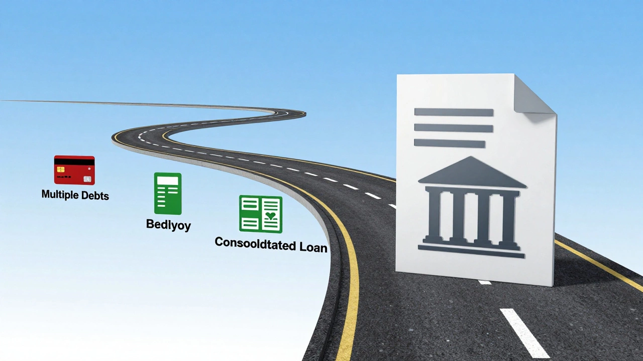 A financial journey transforming from chaotic debt to a clear path with one consolidated loan.