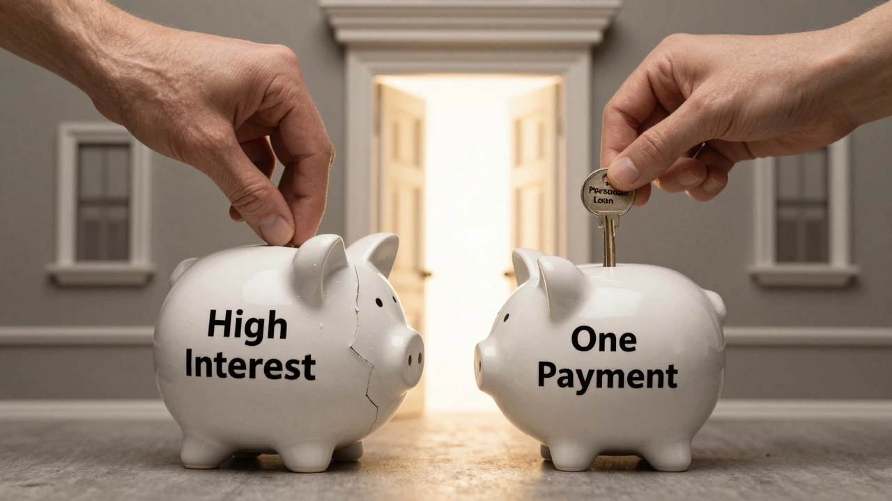 A hand closing a broken piggy bank and inserting a key labeled 'One Payment' into a lock.