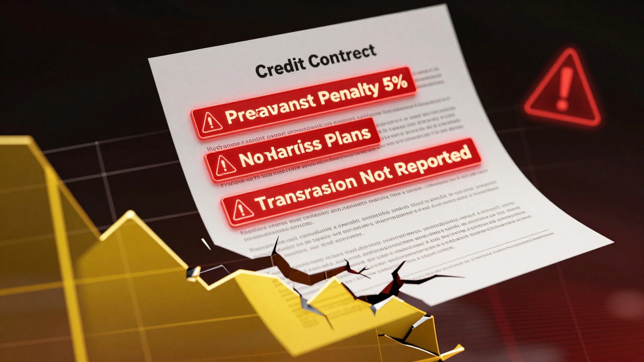 A loan contract with hidden penalties glowing in red, floating above a damaged credit score graph missing one-third.