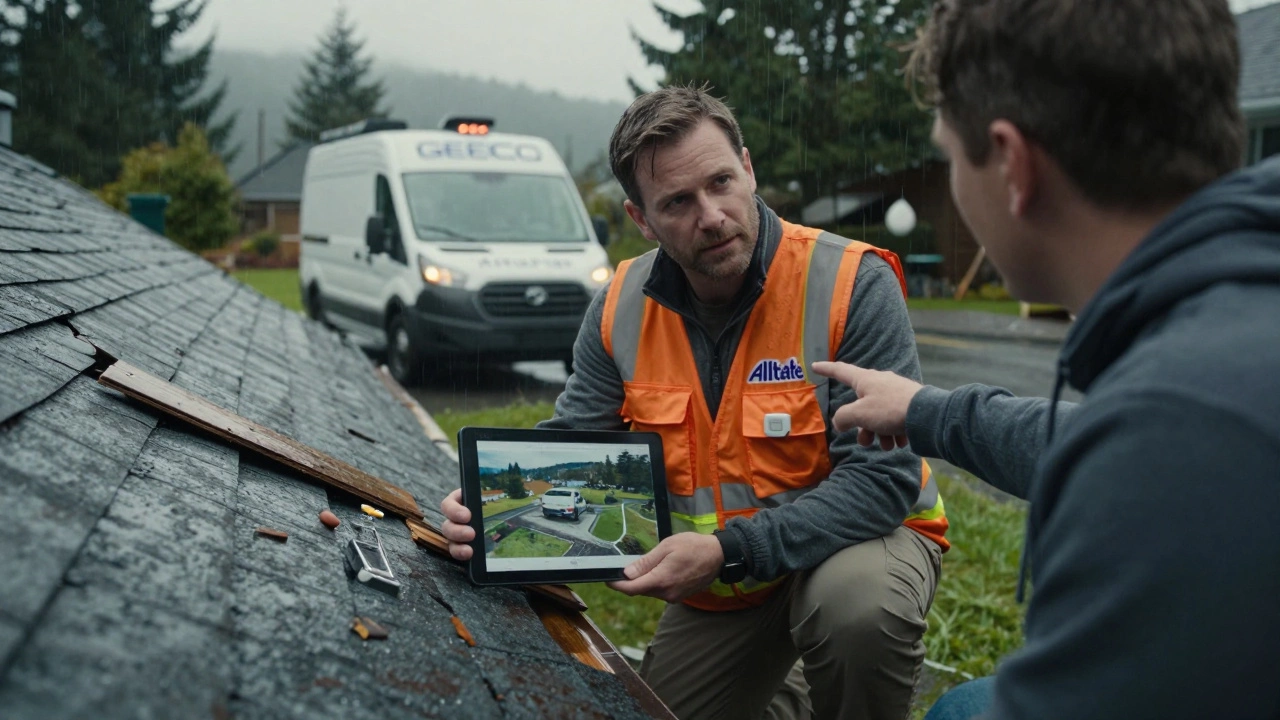 An Allstate adjuster inspecting roof damage with a homeowner, smart home devices visible in background.