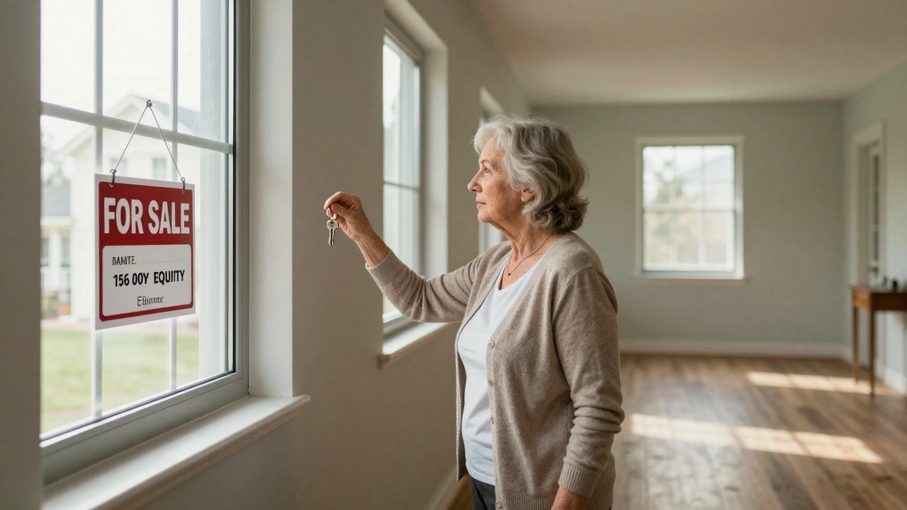 An elderly woman holding a key as she looks out at a for-sale sign outside her family home.