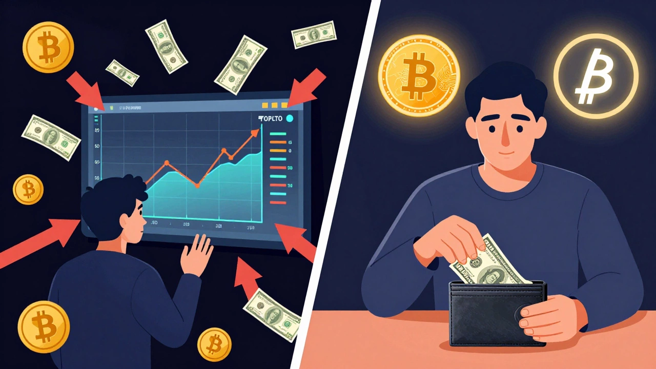 Contrasting scenes of chaotic crypto gambling versus calm, disciplined investing.
