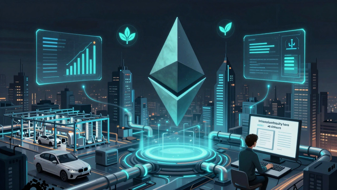 Ethereum tower connected to real-world applications like BMW factories and land registries, glowing with sustainable energy.