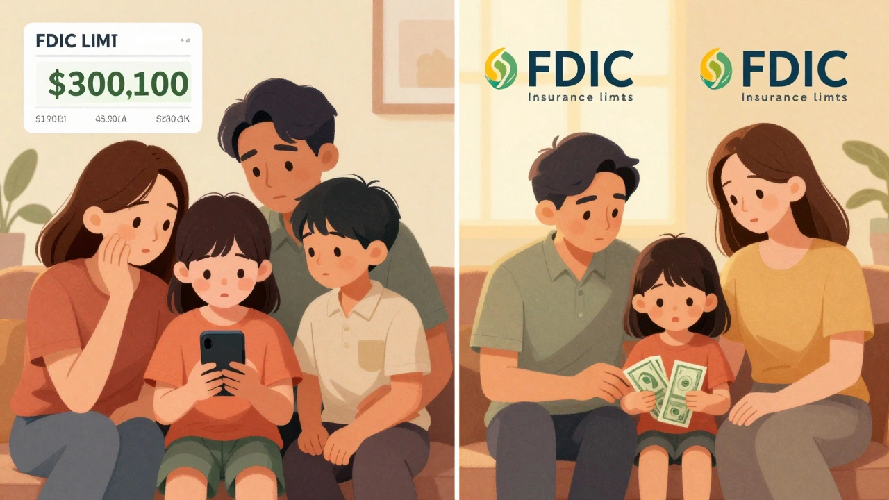 Family comparing risky single-account savings to safe distributed funds across banks.