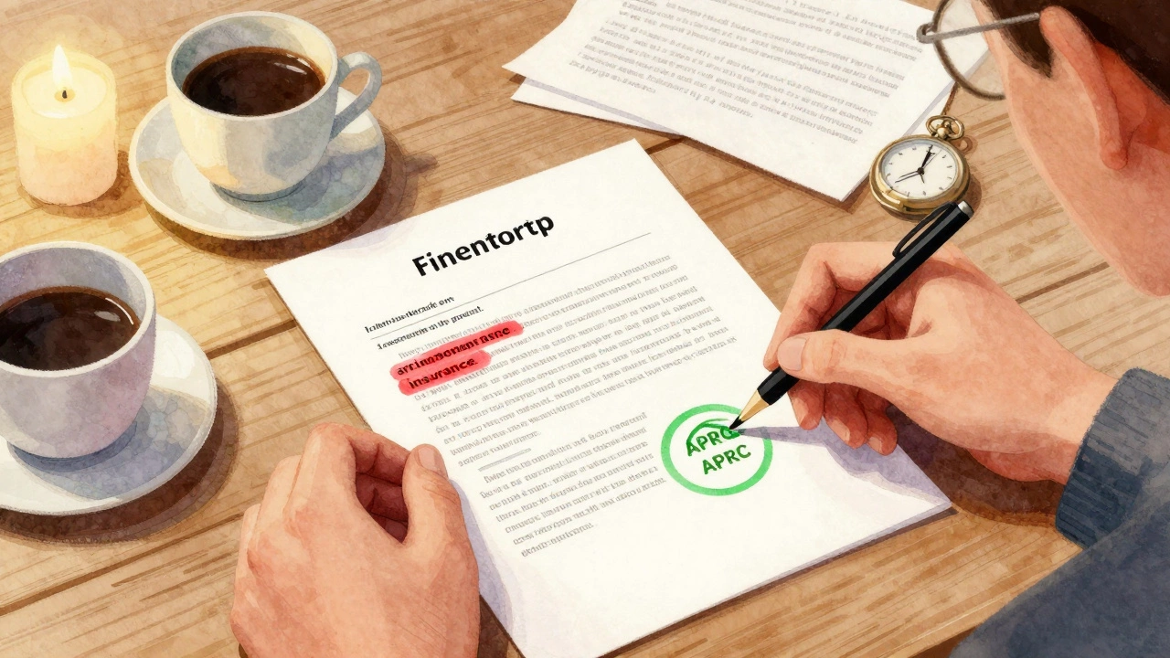 Hands highlighting loan fee details on a contract with colored markers