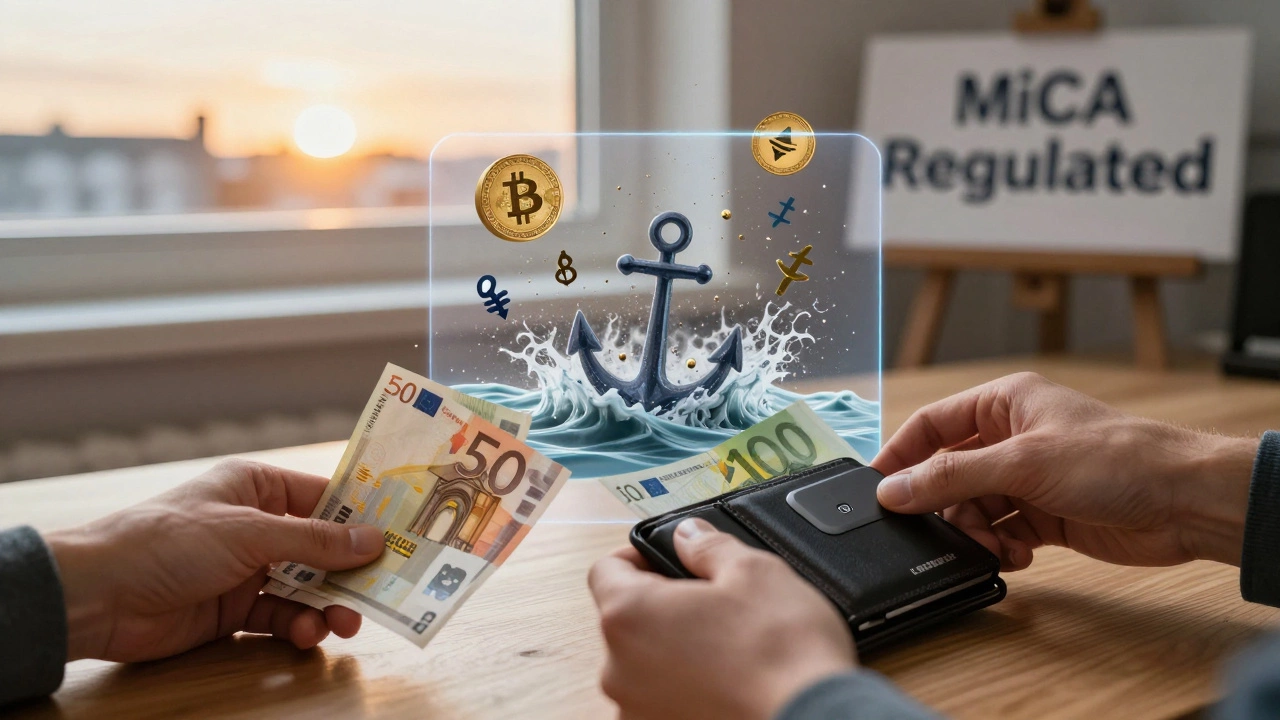 Hands placing cash on a hardware wallet as Bitcoin and Ethereum rise above collapsing altcoins, with Dublin sunrise in background.