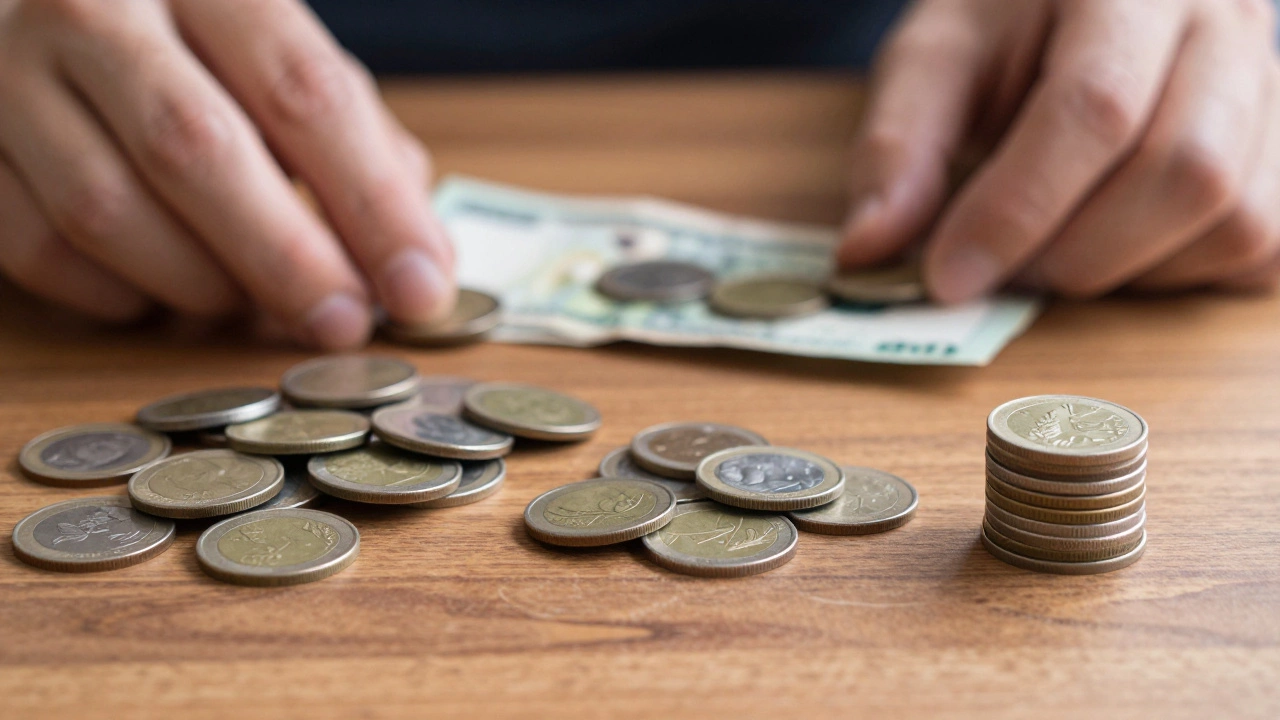 Hands sorting cash into three different sized piles on a table.