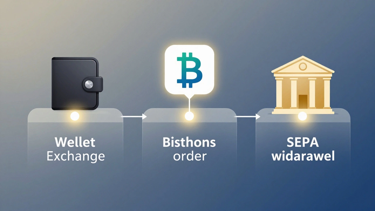 Minimalist timeline showing Bitcoin moving from wallet to exchange to bank account with clean icons and glowing connections.