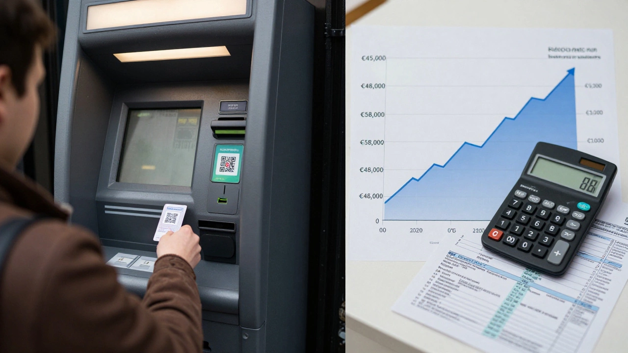 Person using a Bitcoin ATM in Dublin while a price graph rises beside them, tax documents nearby.