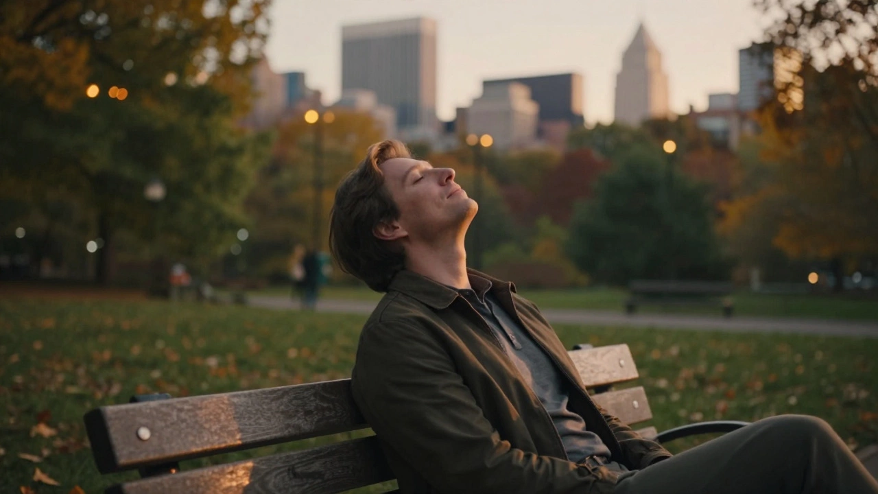 Relaxed person sitting in a sunlit garden enjoying peace of mind.
