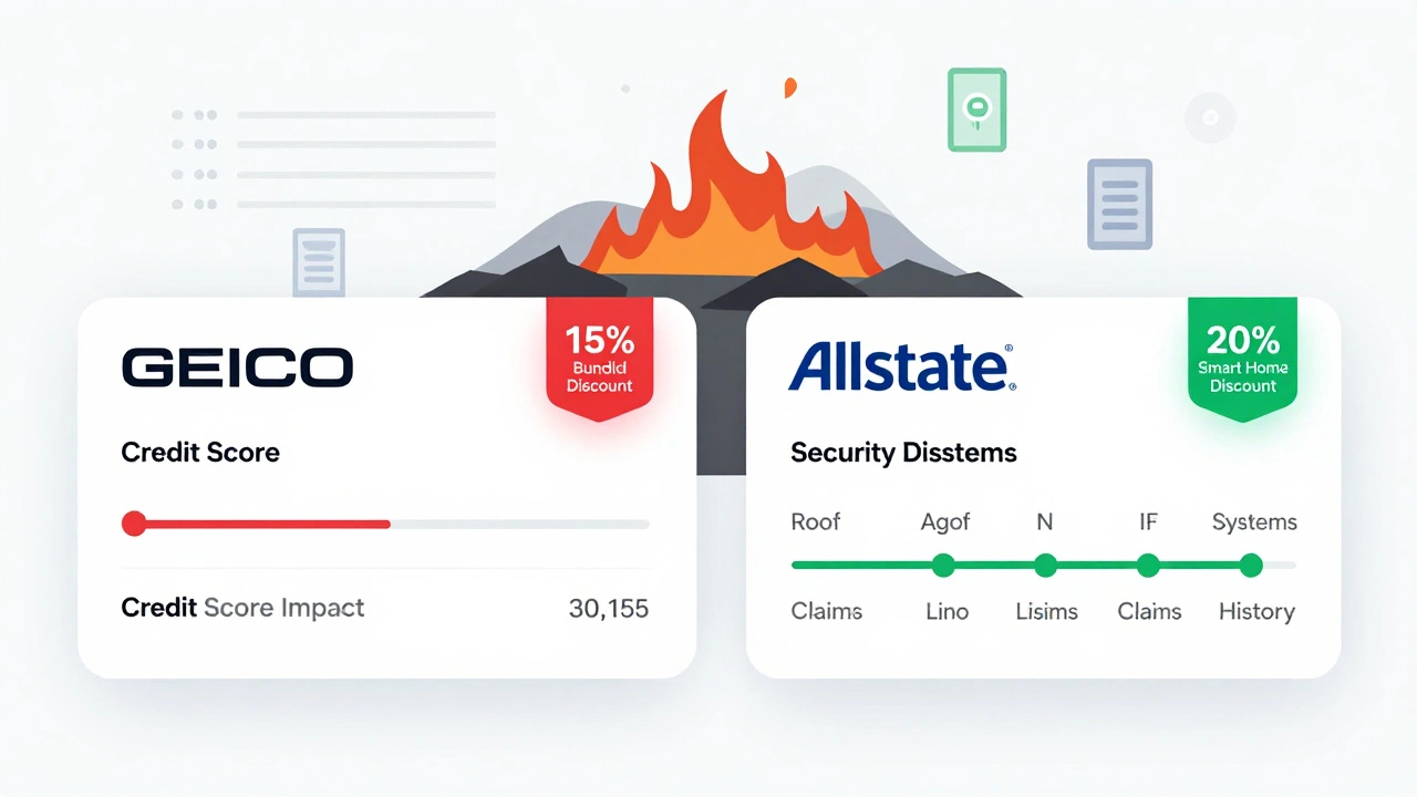 Side-by-side insurance quote dashboards showing Geico and Allstate discount structures and risk factors.