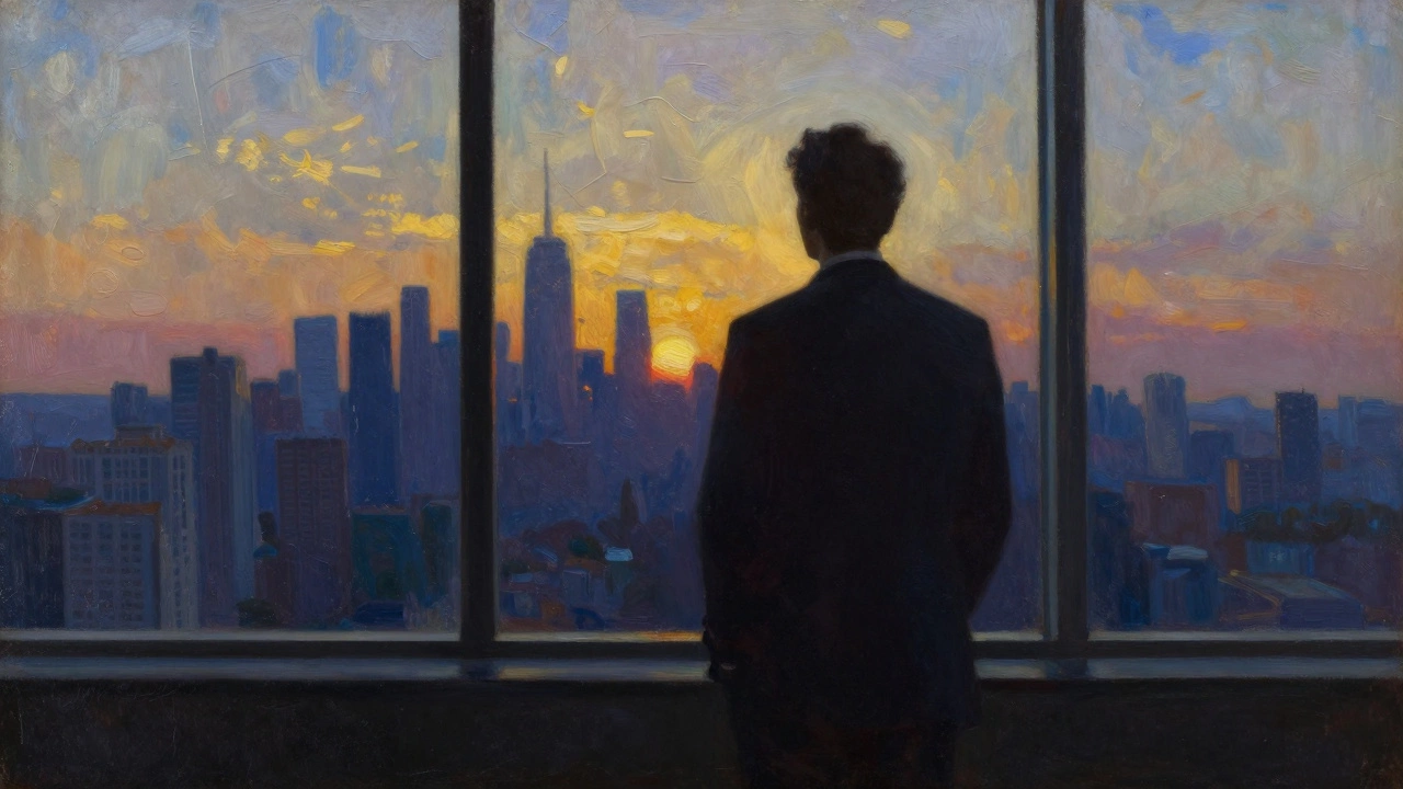 Silhouette of person looking at sunrise city skyline in oil painting style.