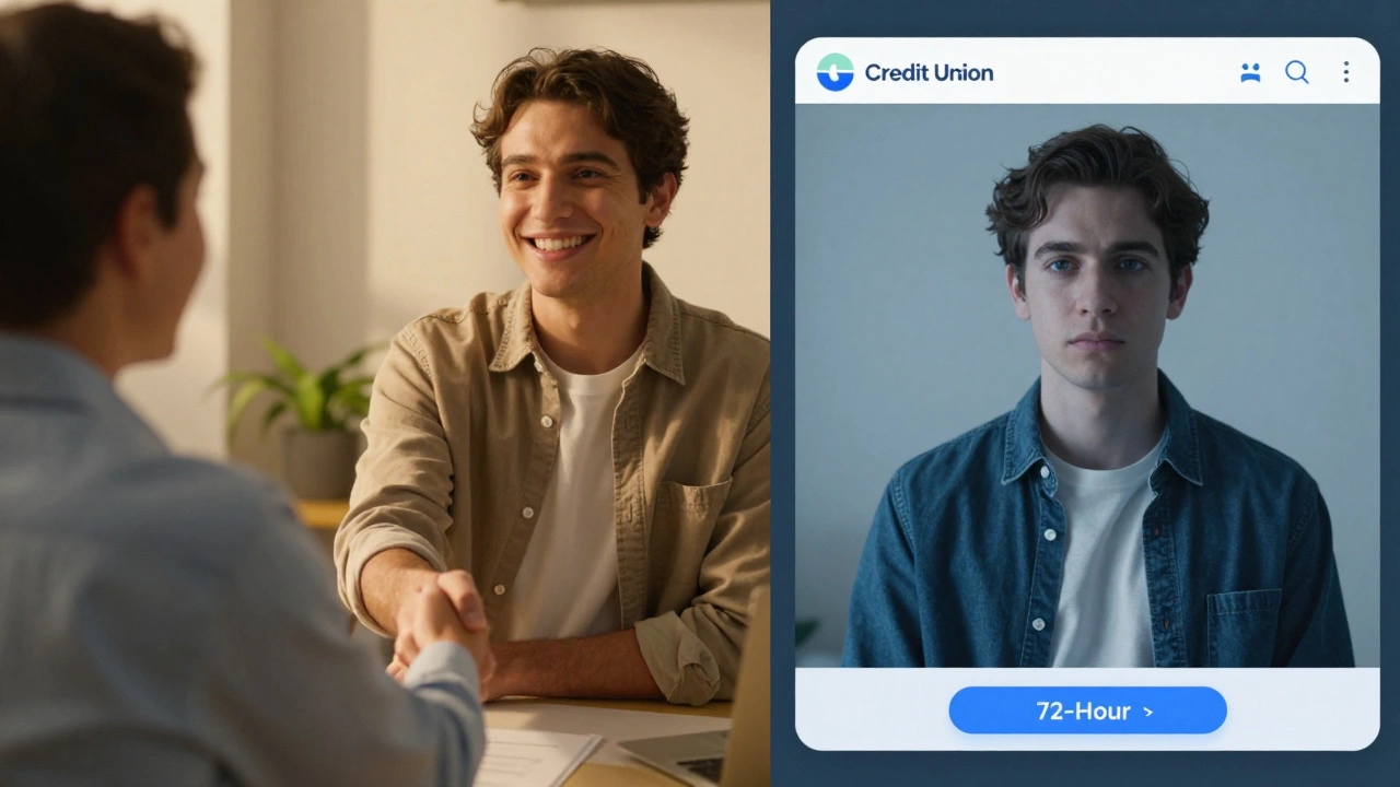 Split scene: one side shows a person getting help from a credit union rep, the other faces a cold Upstart chatbot screen.