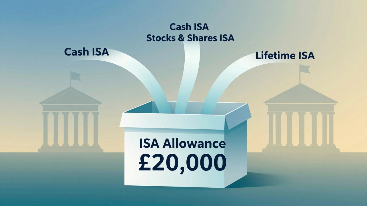 Three colored streams flowing into a transparent box labeled 'ISA Allowance £20,000', representing different ISA types with other banks fading in the background.