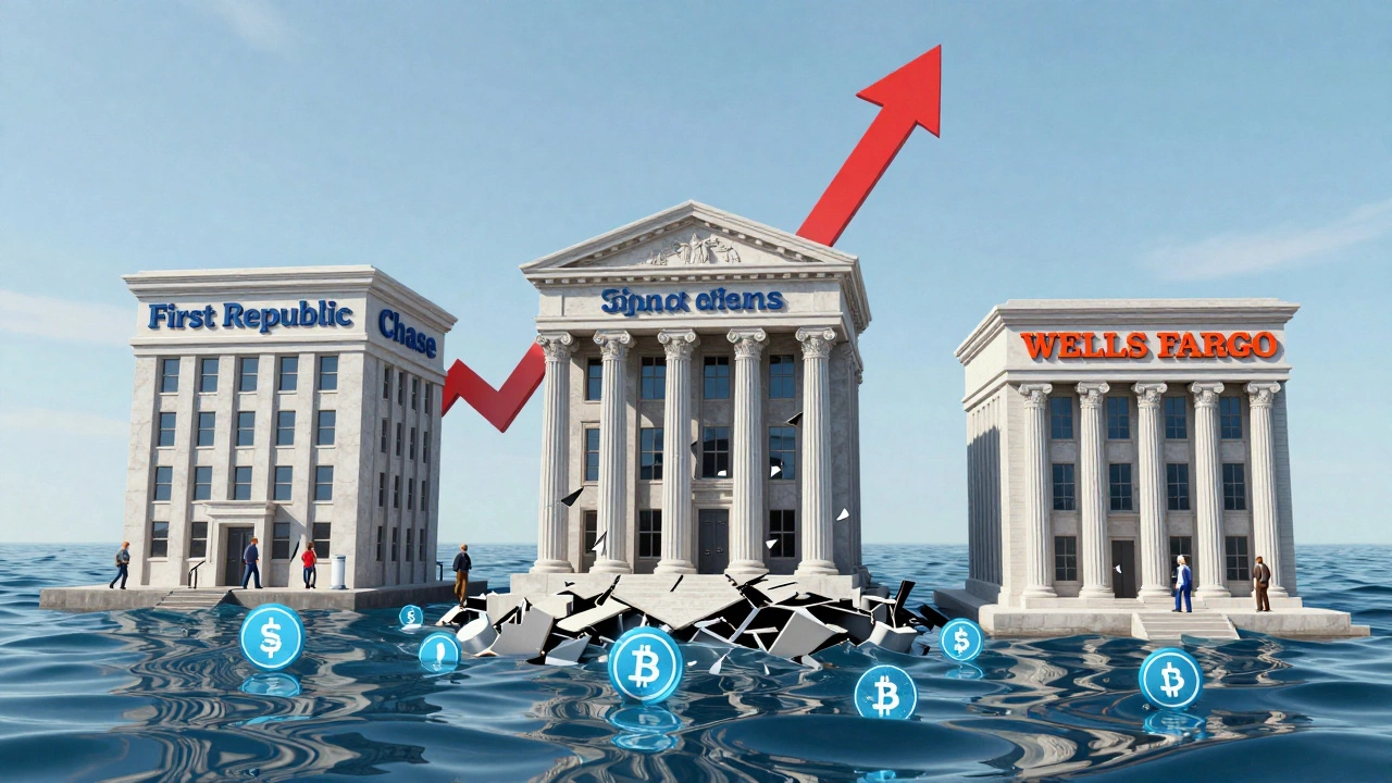 Three failed banks sinking into crypto and rate risks, while stable banks stand firm.