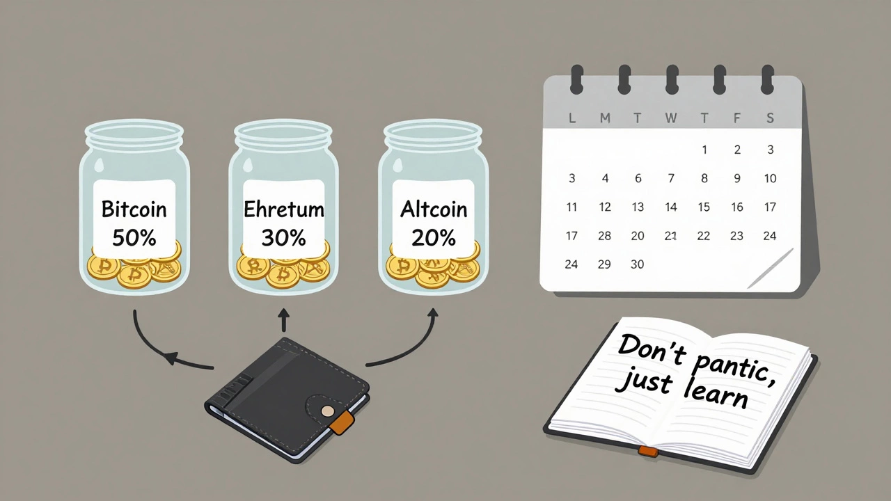 Three labeled jars representing crypto allocation with monthly deposits and a hardware wallet.