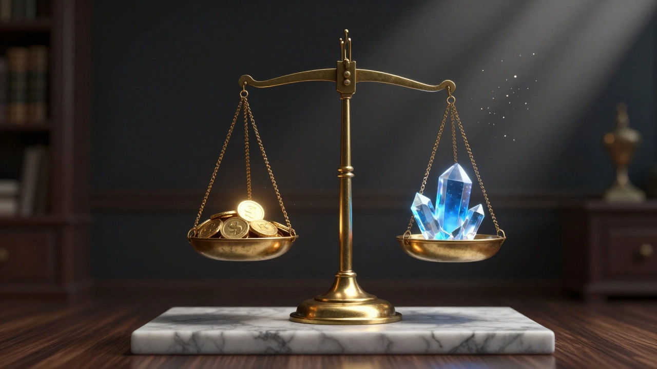 Vintage balance scale weighing gold coins against blue crystal in dark room.