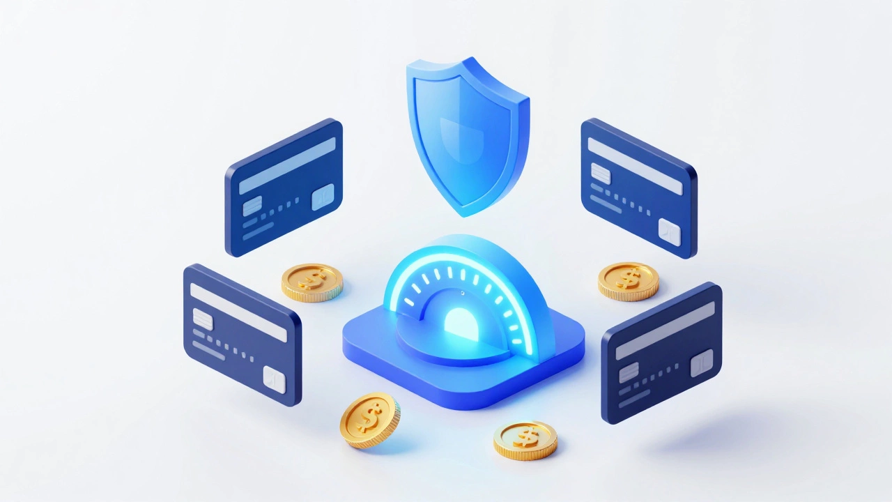 3D illustration of a credit score meter with floating credit cards and a security shield