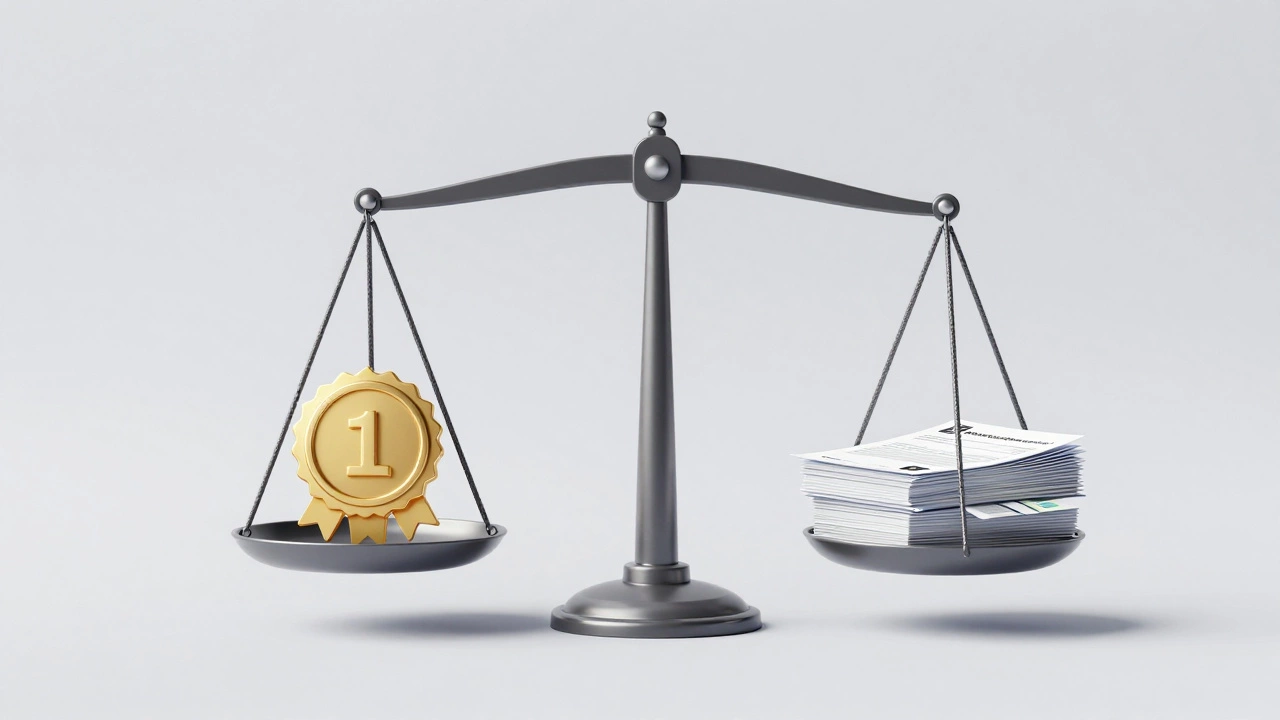 A balance scale weighing a high credit score against proof of steady employment income