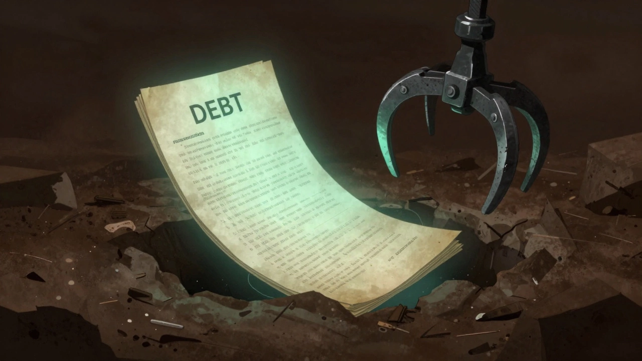 A conceptual image of old financial documents being pulled from a grave by a claw