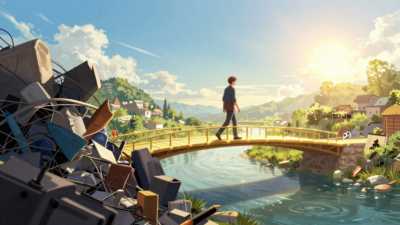 A person walking across a golden bridge from financial stress toward a bright, stable future