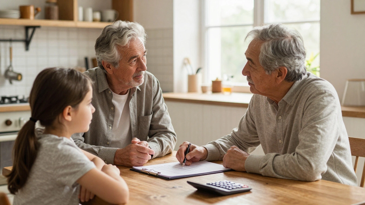 A senior couple discussing financial plans with their adult children at a kitchen table