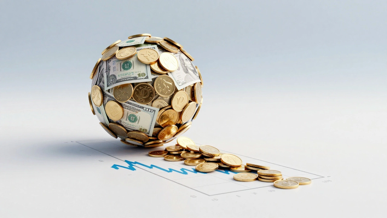 A snowball of gold coins growing larger on a graph to illustrate compound interest