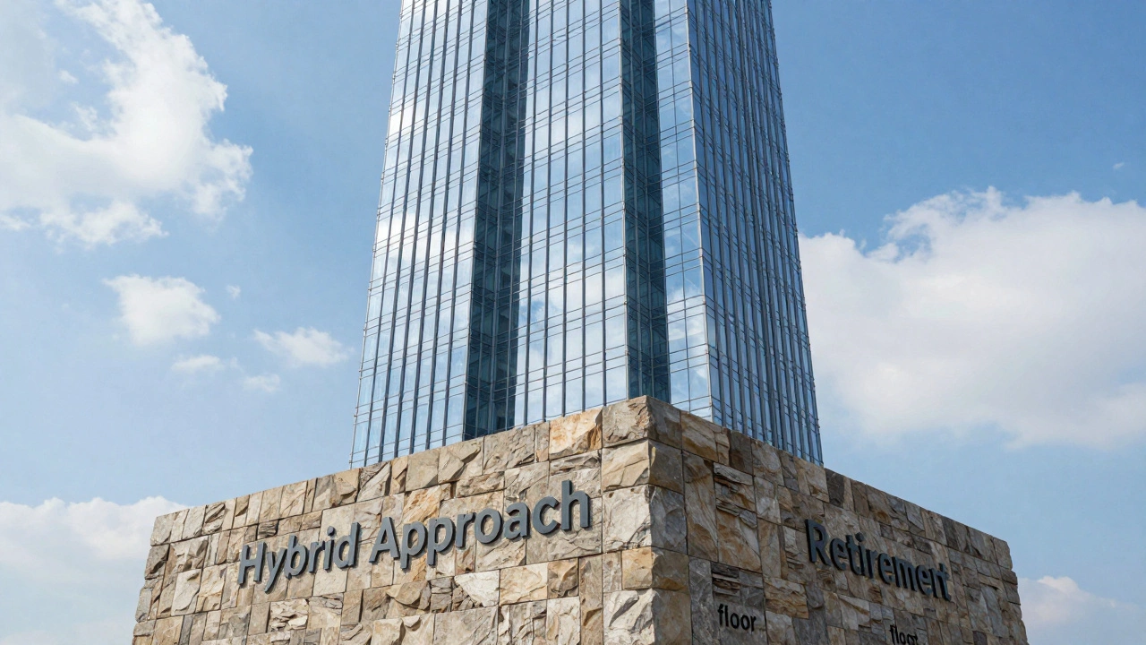 Conceptual image of a solid stone base supporting a soaring glass skyscraper under a bright blue sky.