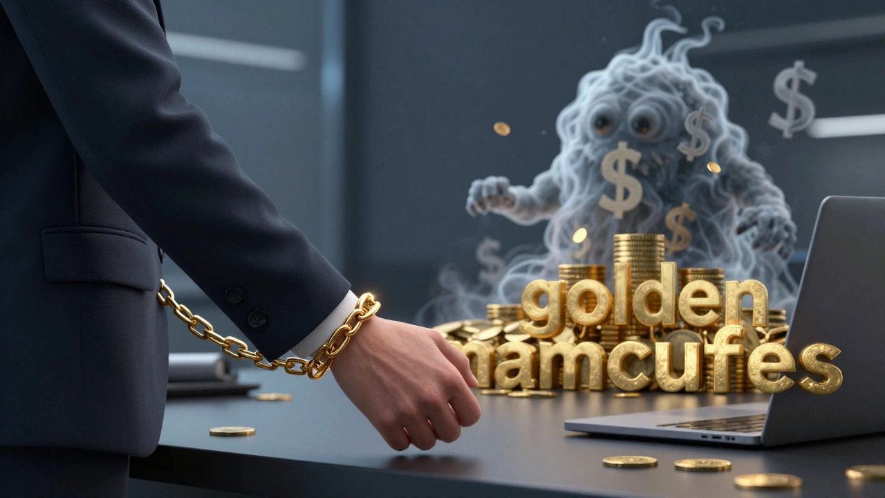 Illustration of a professional with golden chains at a desk with a ghostly inflation figure in the background.