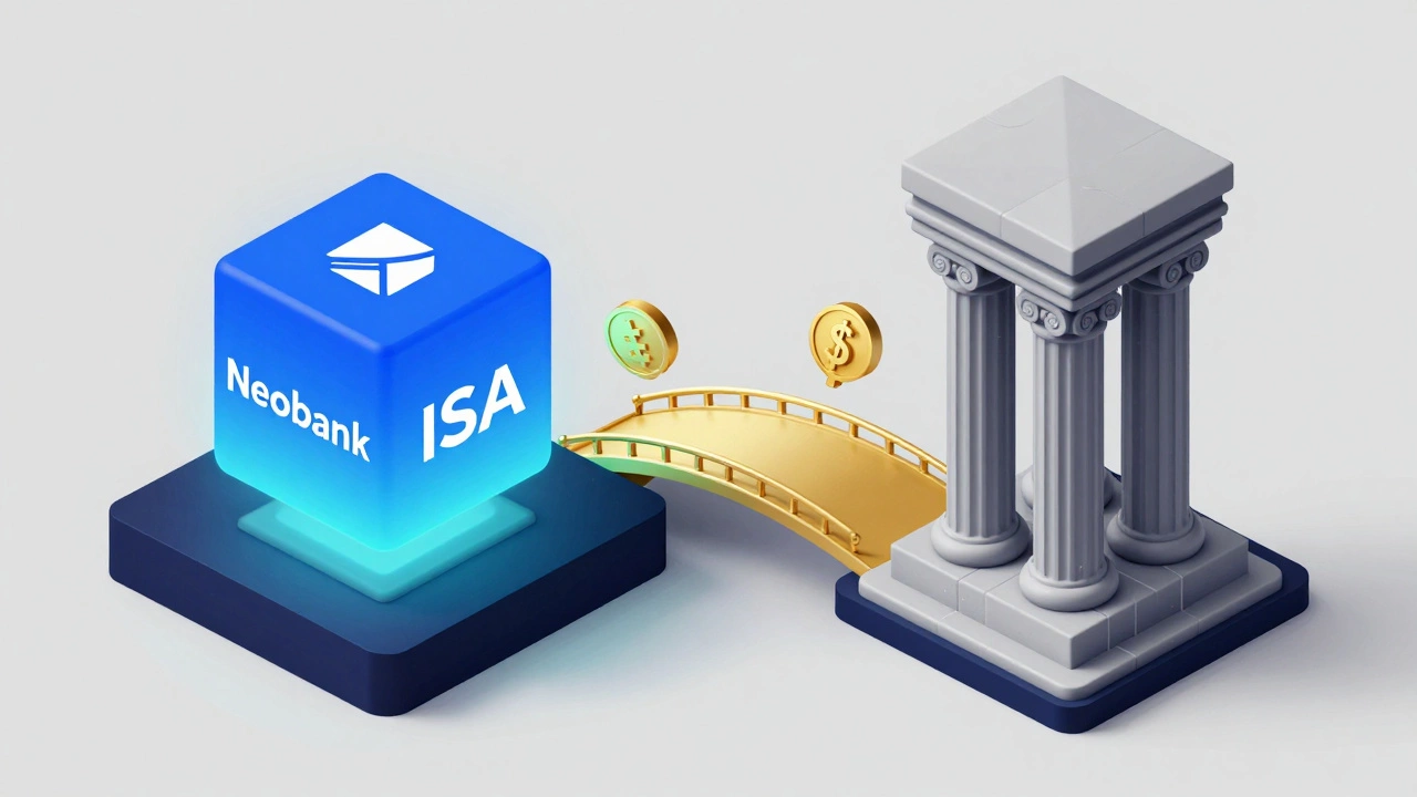 Isometric 3D illustration of a hybrid savings strategy combining digital and traditional banking