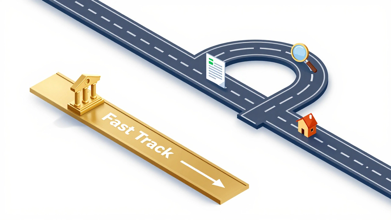 Isometric 3D illustration of two paths representing product transfer and remortgaging.