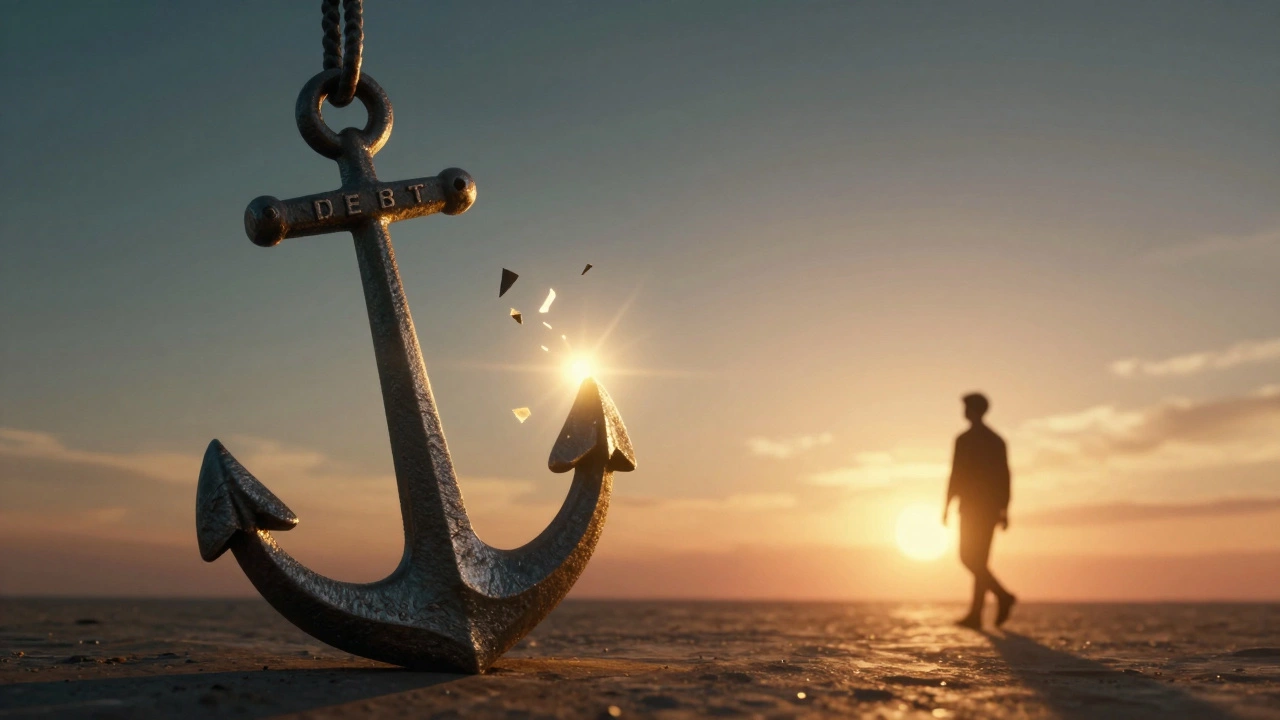 Metaphorical image of a heavy iron anchor breaking to symbolize debt relief