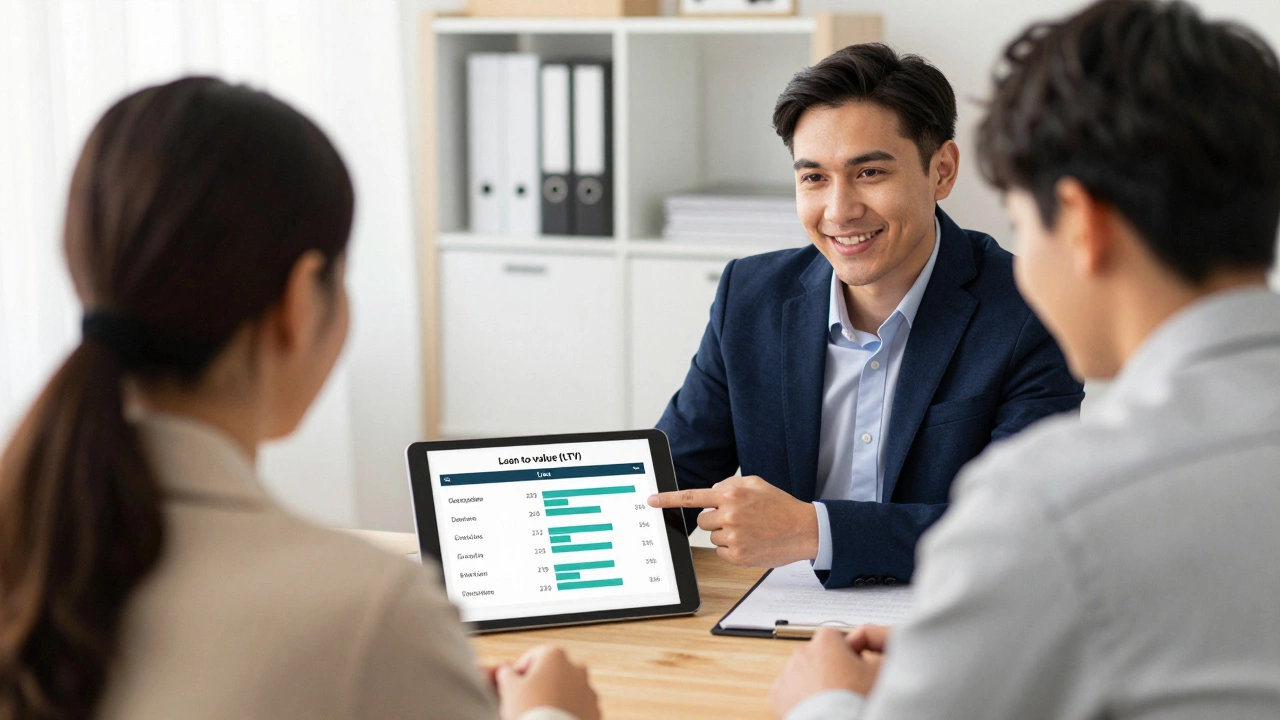 Mortgage broker explaining loan-to-value options to a couple in a modern office.