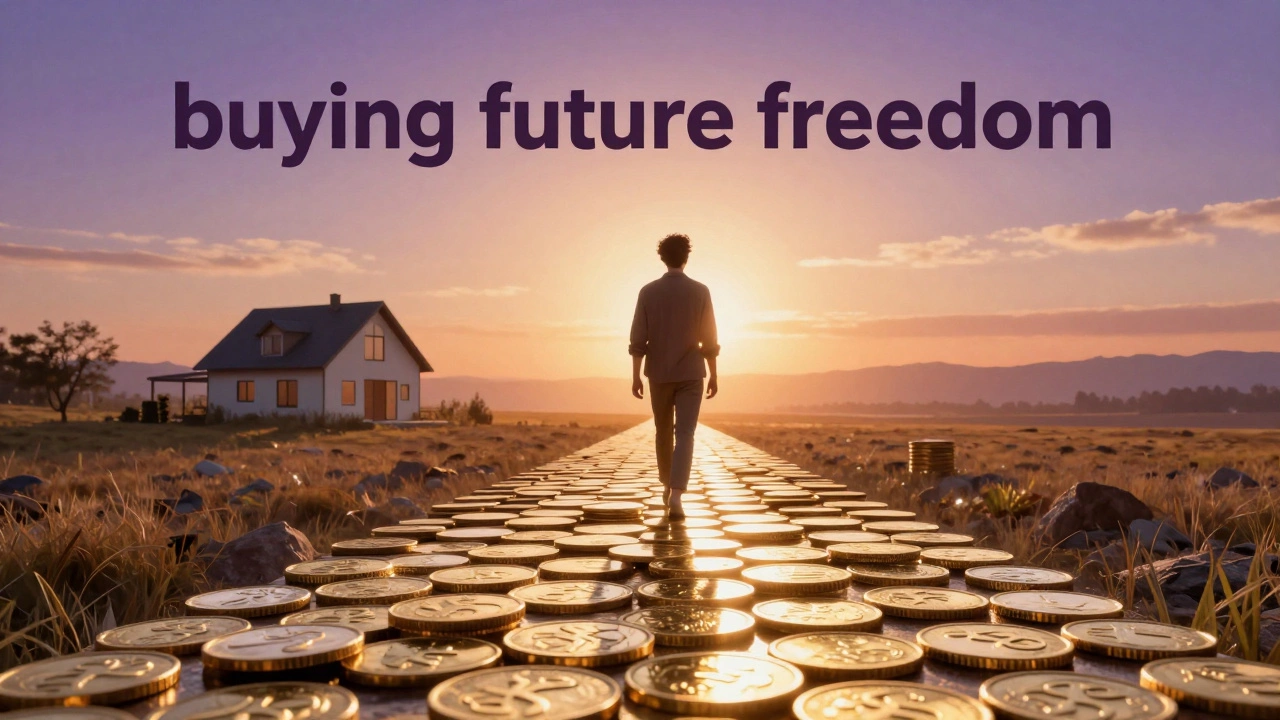 Person walking on a golden path towards a bright future and a dream home