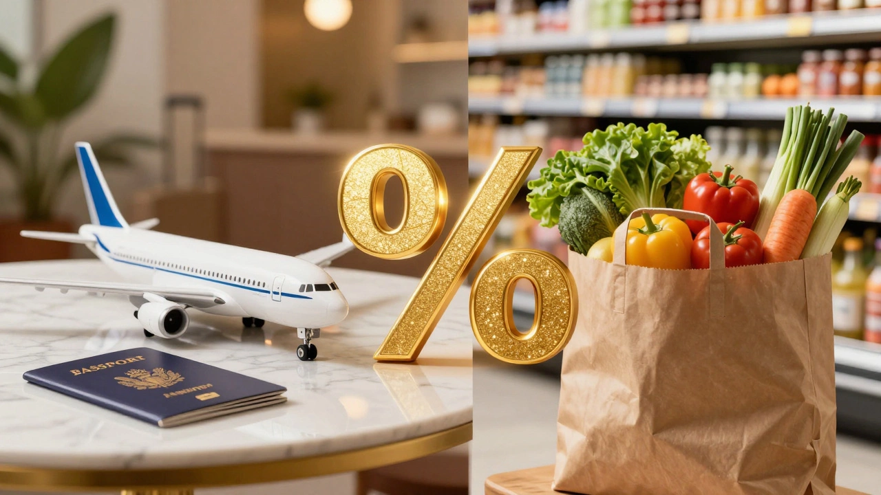 Split scene showing travel and grocery items with golden percentage symbols