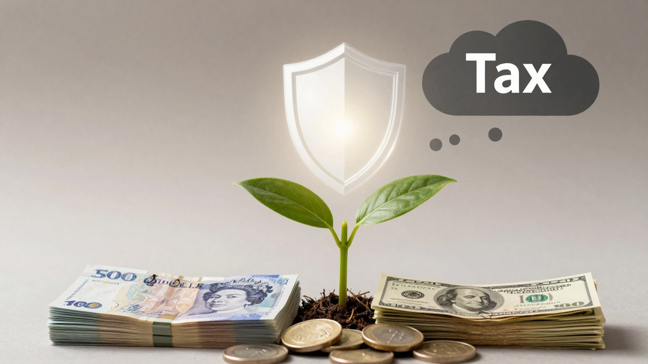 Abstract art showing tax-free growth with plants and currency