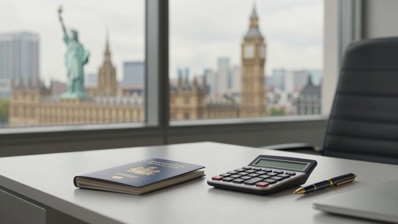 Desk with passport and calculator overlooking global cities