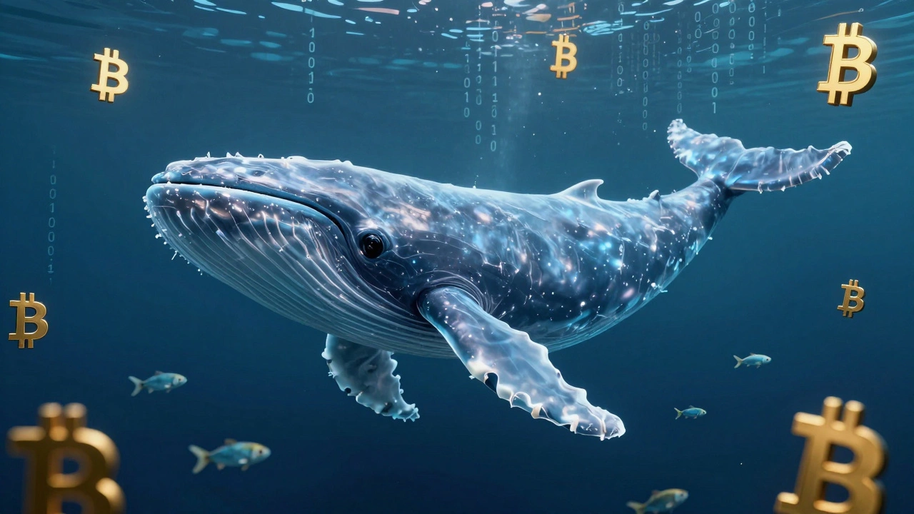 Digital whale swimming in an ocean of Bitcoin symbols and data streams.