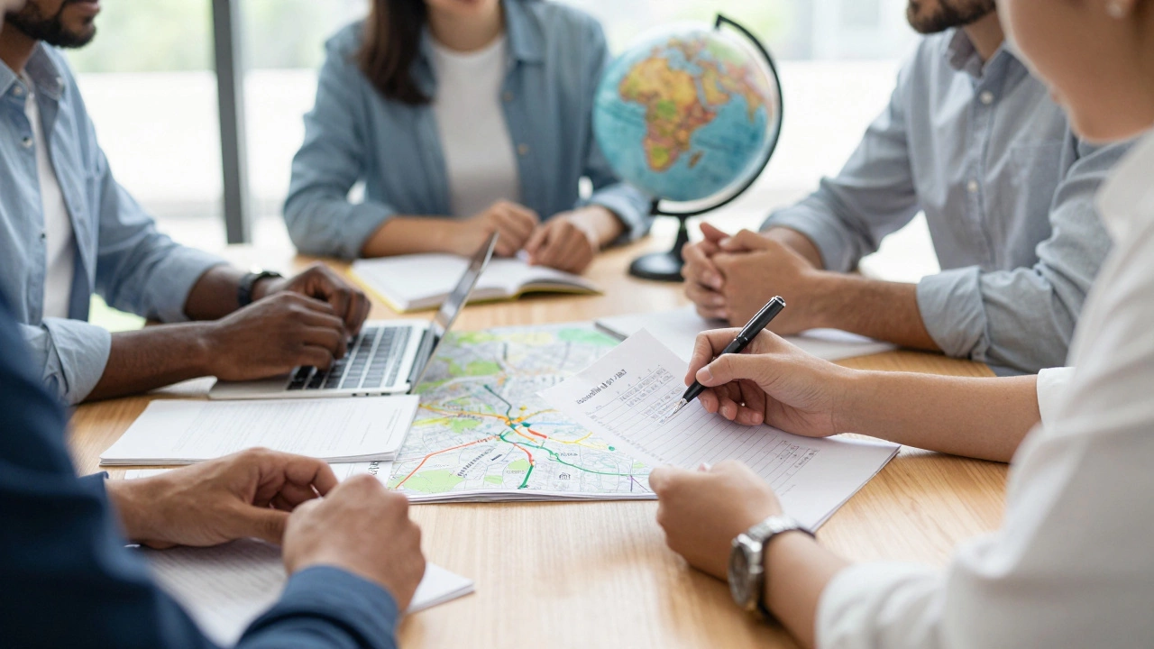 Expats discussing financial plans with maps and documents