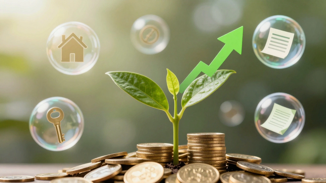 Golden coins growing into plant with asset symbols