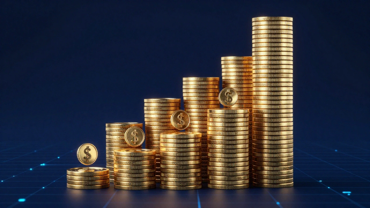 Golden coins stacking up exponentially to visualize compound interest growth.