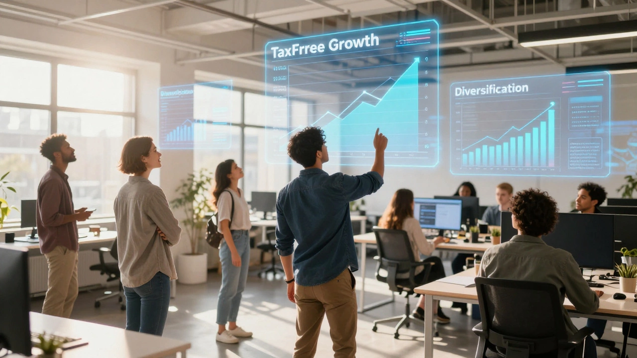 Group analyzing positive investment growth charts