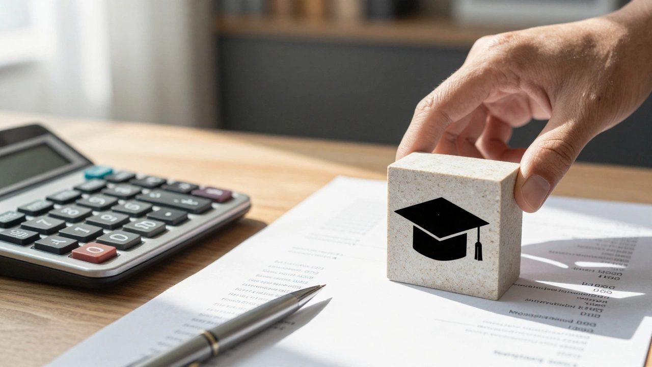 Hand pushing a stone block representing student debt off a desk with financial papers.