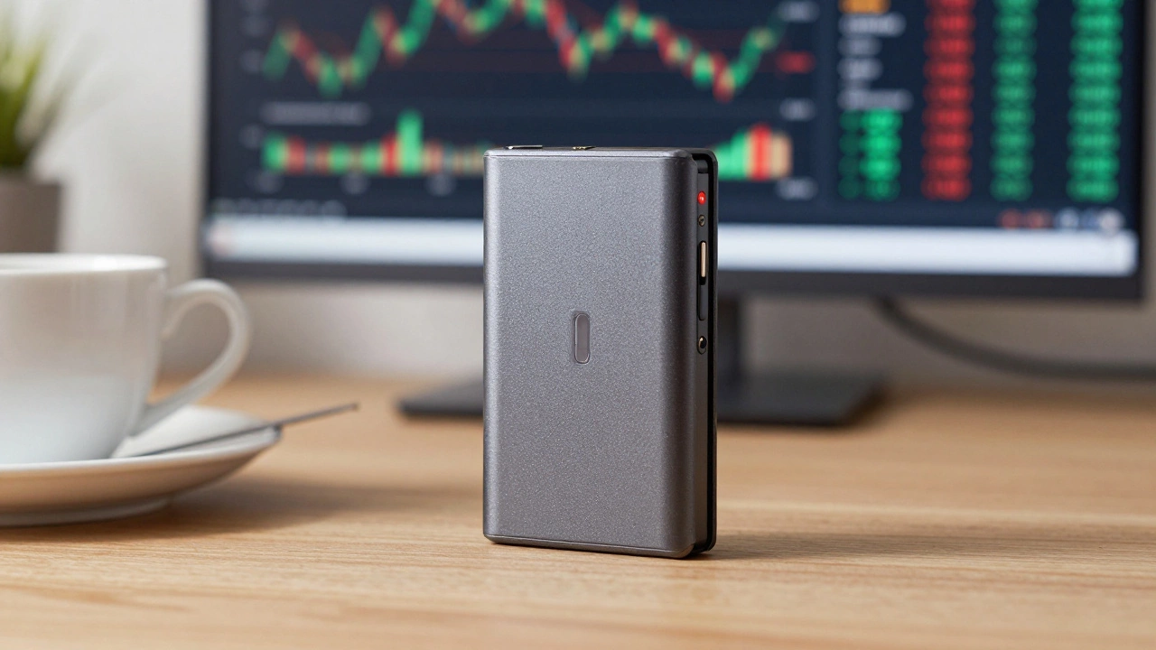 Hardware wallet on a desk with blurred financial charts in background, symbolizing self-custody.