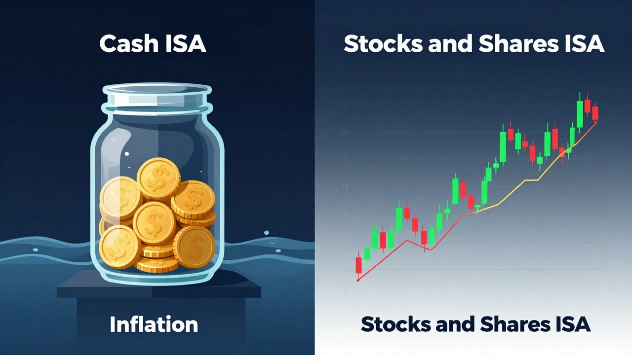 Illustration comparing safe cash savings vs volatile stocks
